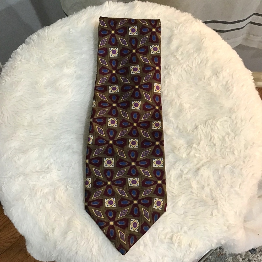 VTG Christian Dior Men Silk Tie Burgundy Blue Floral Geometric 90s Classic